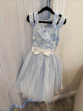 Bonnie Jean Powder Blue Floral Lace Dress with White Satin Bow